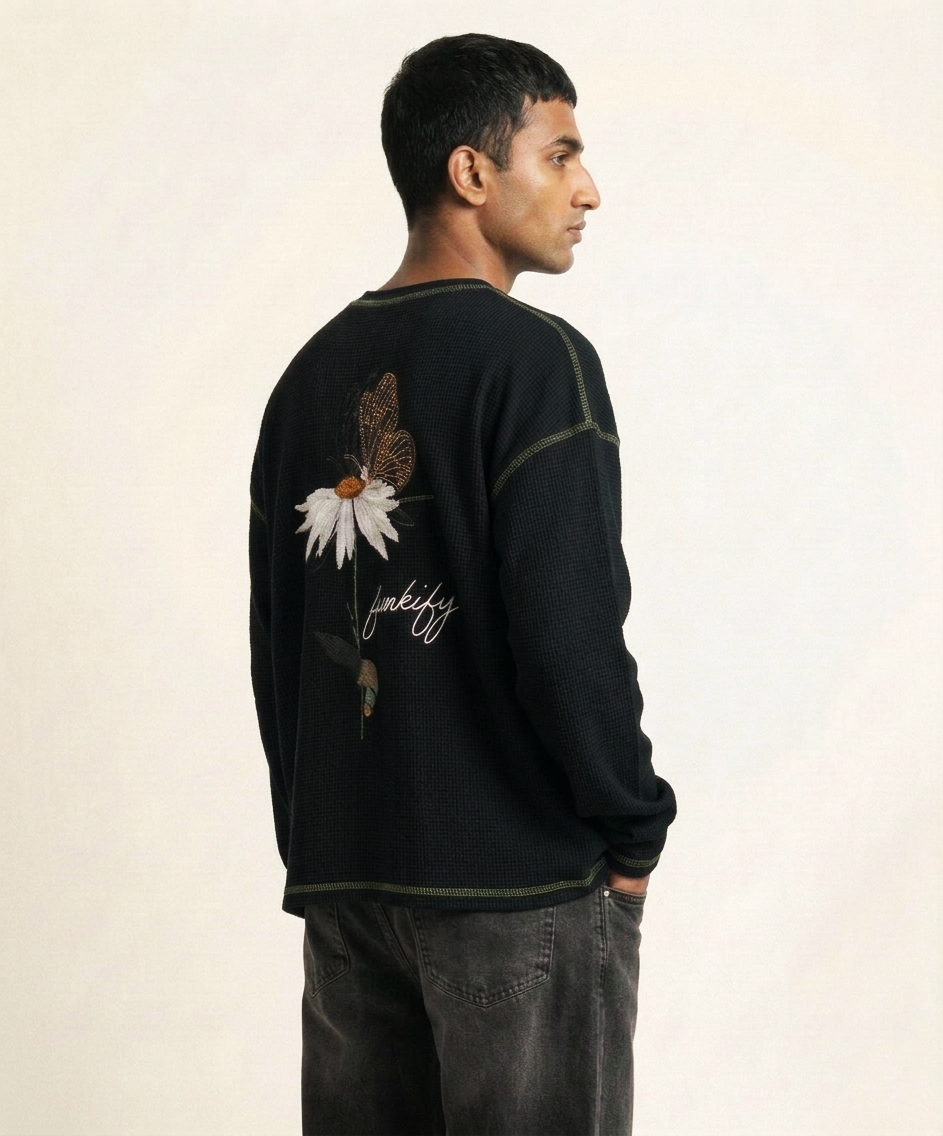 Waffle Oversized T-Shirt with Flower & Butterfly Embroidery