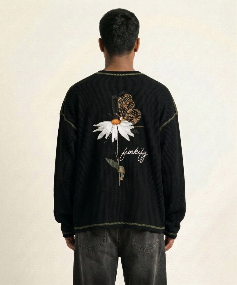 Waffle Oversized T-Shirt with Flower & Butterfly Embroidery