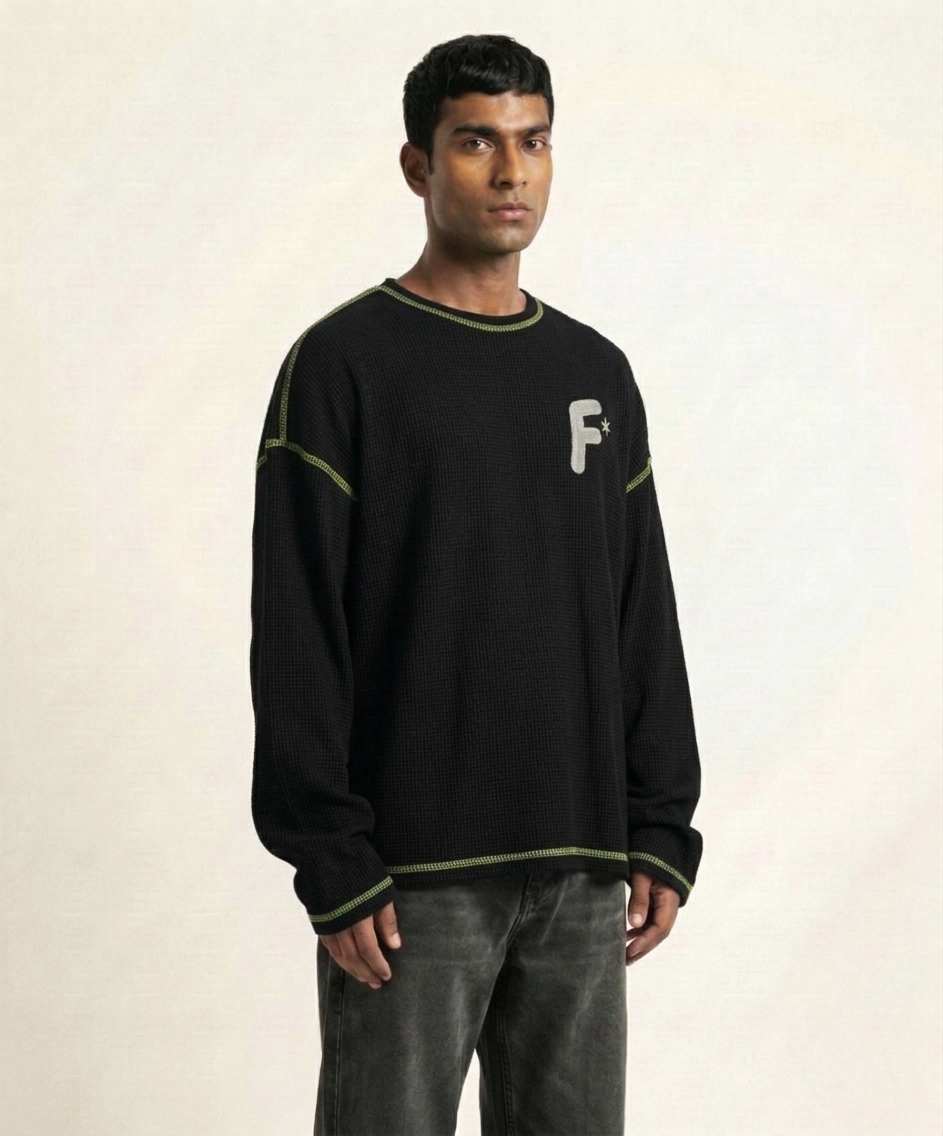 Waffle Oversized T-Shirt with Flower & Butterfly Embroidery