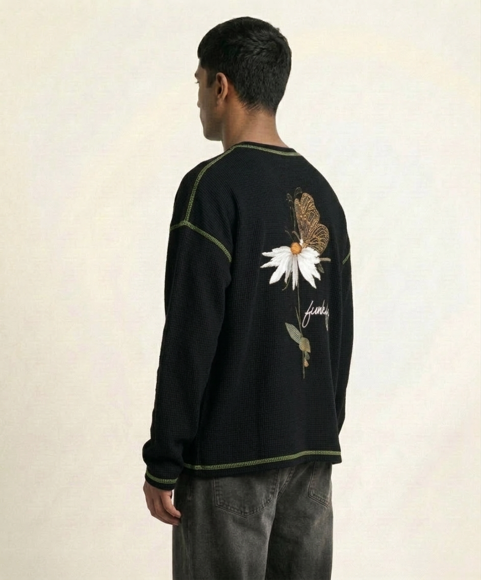 Waffle Oversized T-Shirt with Flower & Butterfly Embroidery