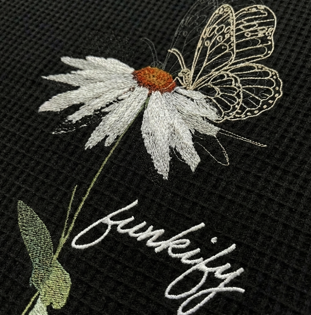 Waffle Oversized T-Shirt with Flower & Butterfly Embroidery
