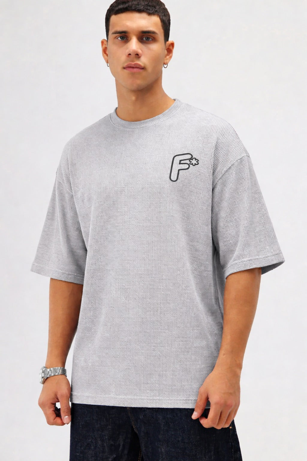 Waffle Knit Round Neck Button Tee