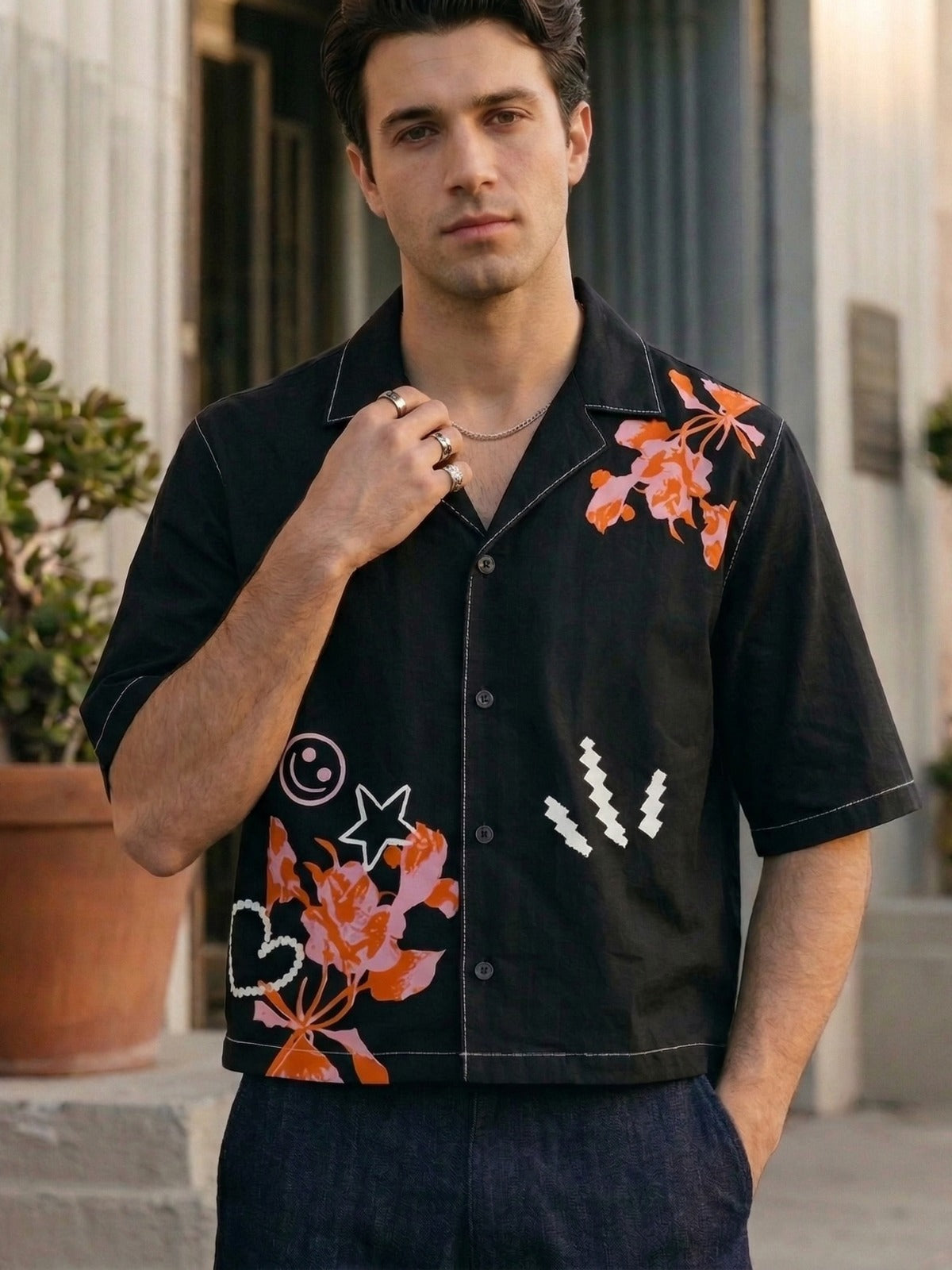 Black Printed Oversized Cuban Shirt