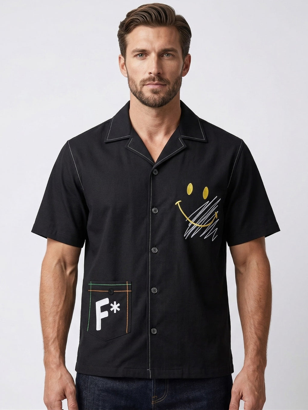 Black Printed Oversized Cuban Shirt