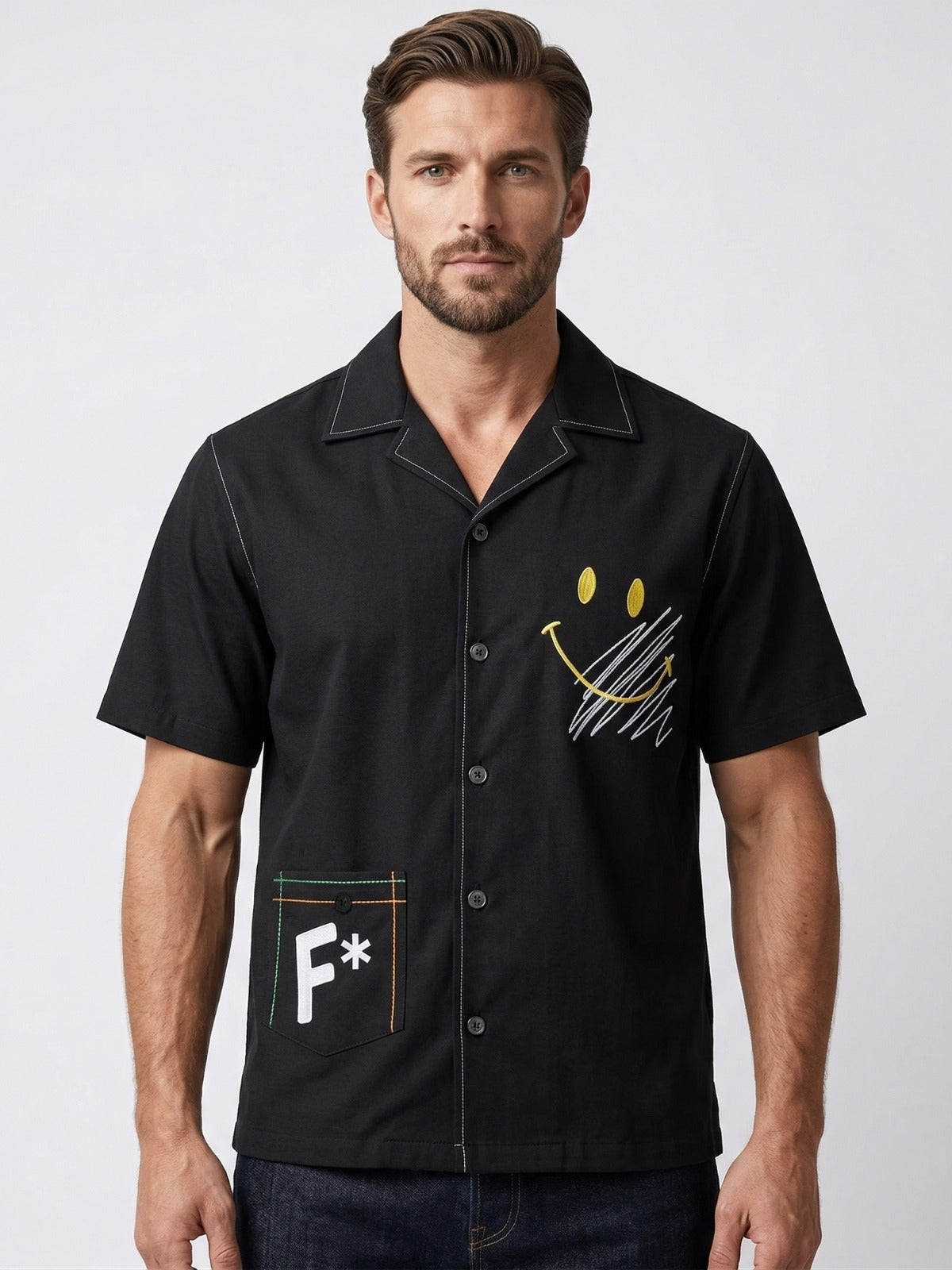 Black Printed Oversized Cuban Shirt
