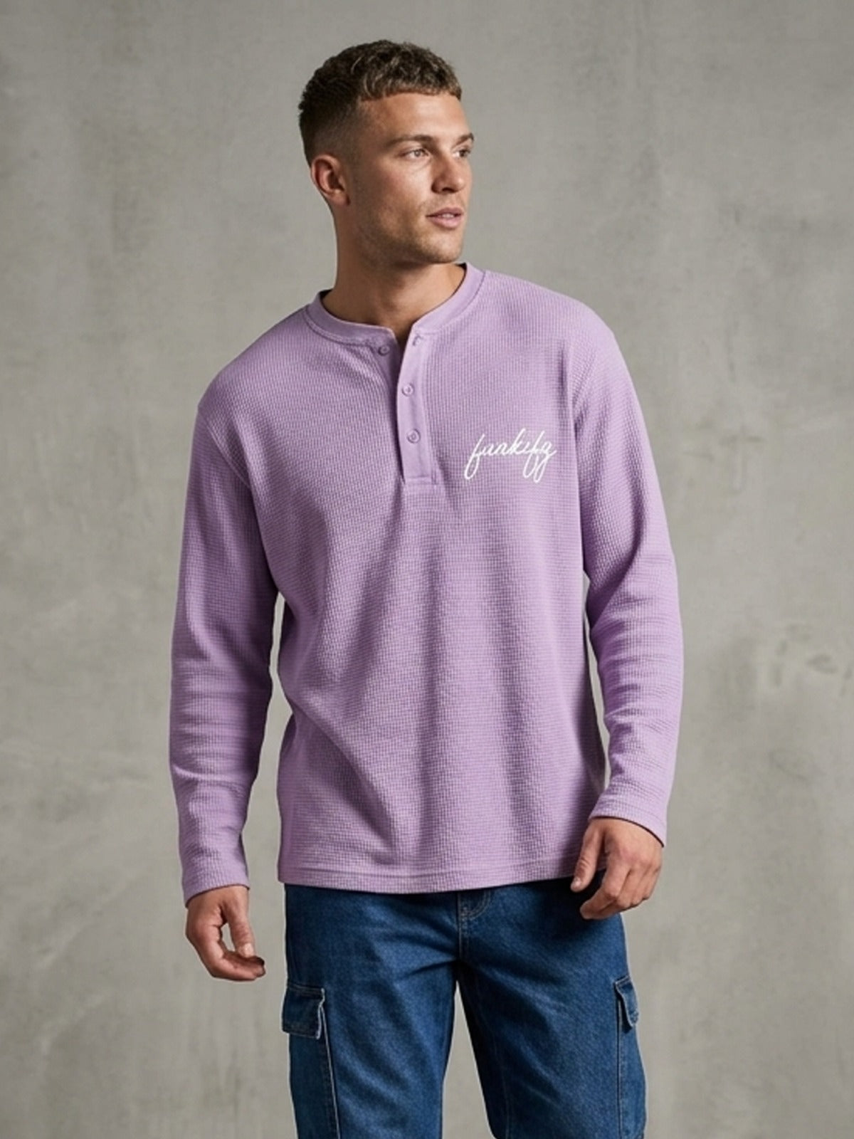 Waffle Knit Round Neck Button Tee