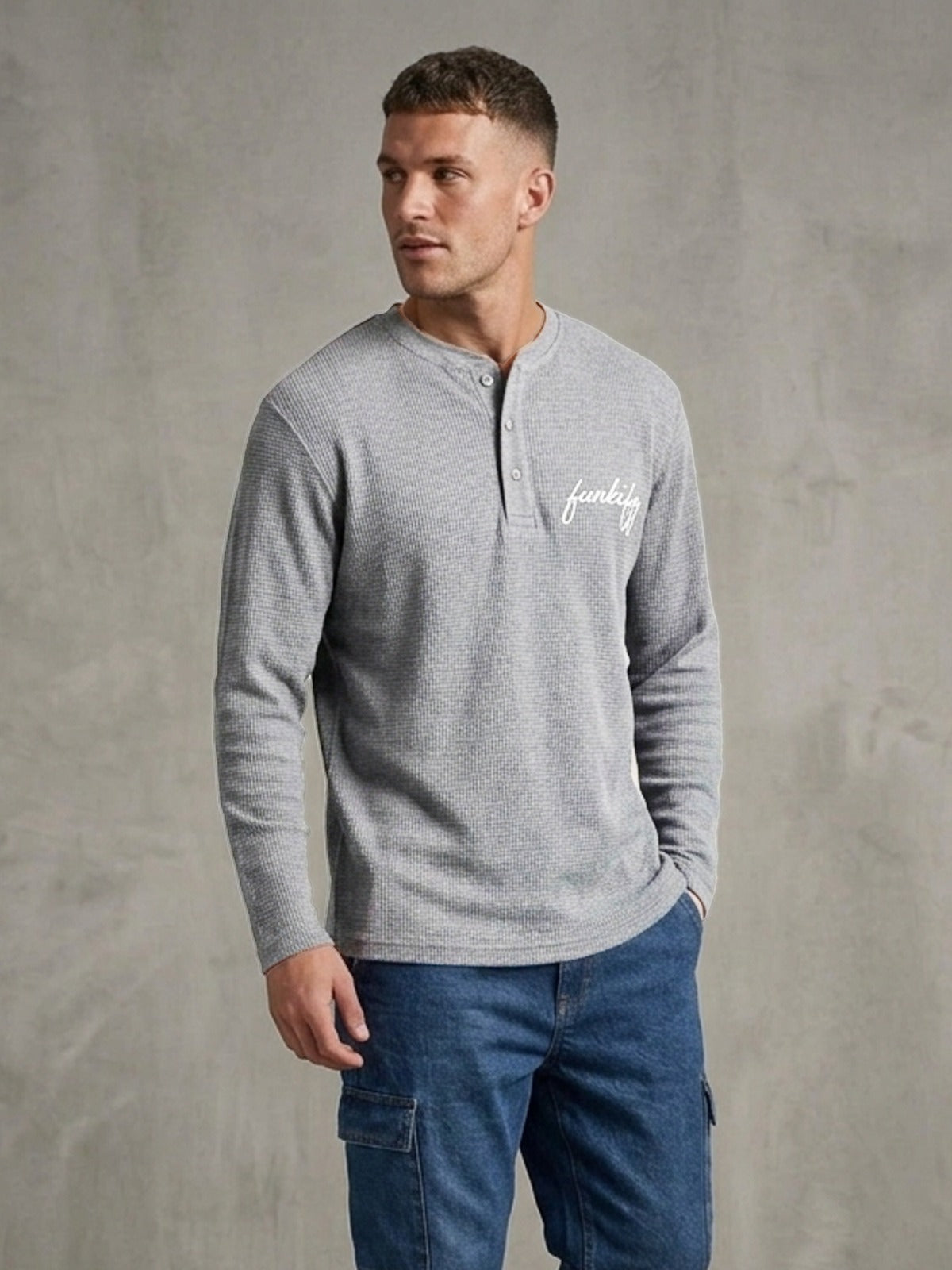 Waffle Knit Round Neck Button Tee