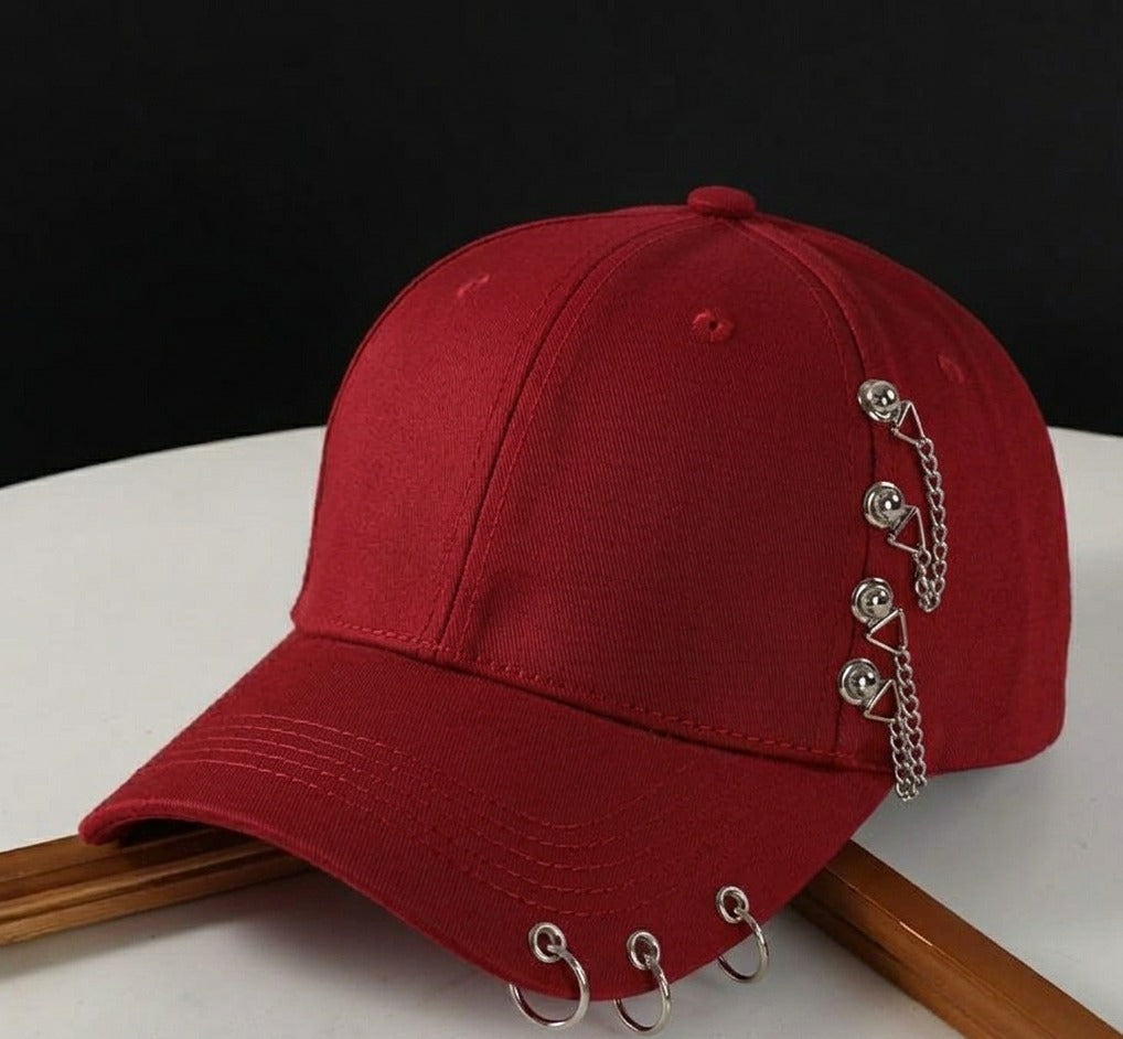 Funkify Washed Denim Cotton Cap with Embroidery & Chain Detail – Adjustable Casual Cap