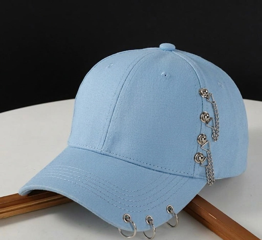 Funkify Washed Denim Cotton Cap with Embroidery & Chain Detail – Adjustable Casual Cap