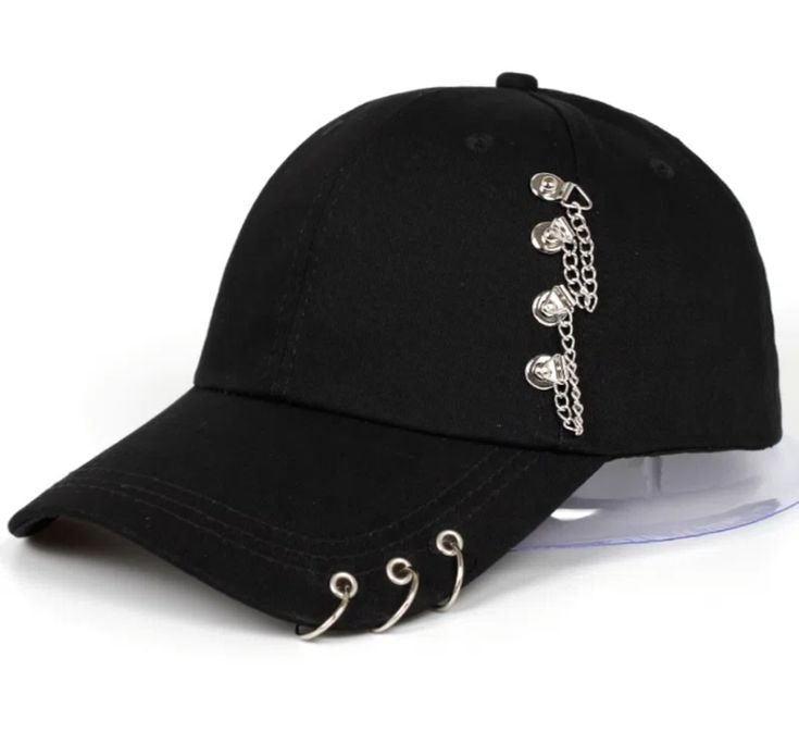 Funkify Washed Denim Cotton Cap with Embroidery & Chain Detail – Adjustable Casual Cap