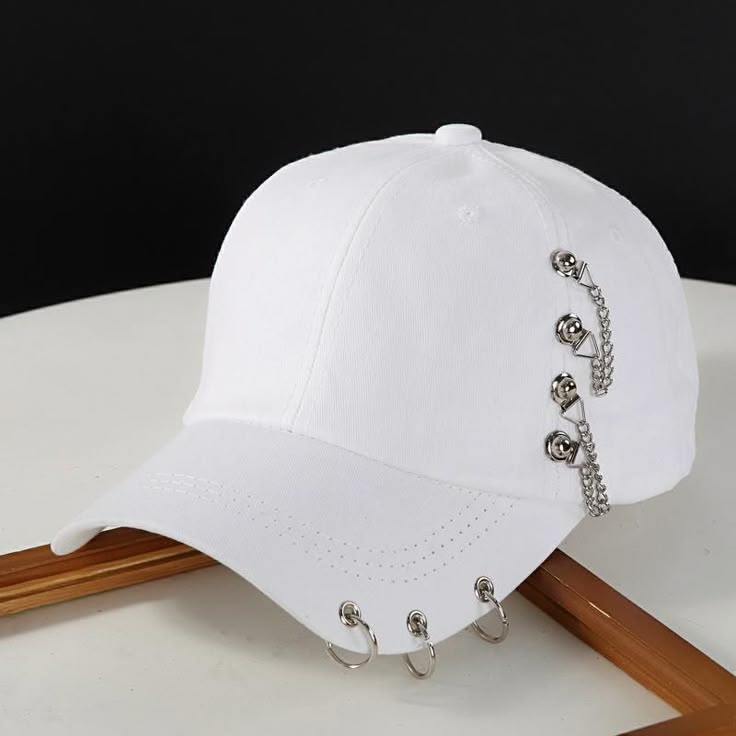 Funkify Washed Denim Cotton Cap with Embroidery & Chain Detail – Adjustable Casual Cap