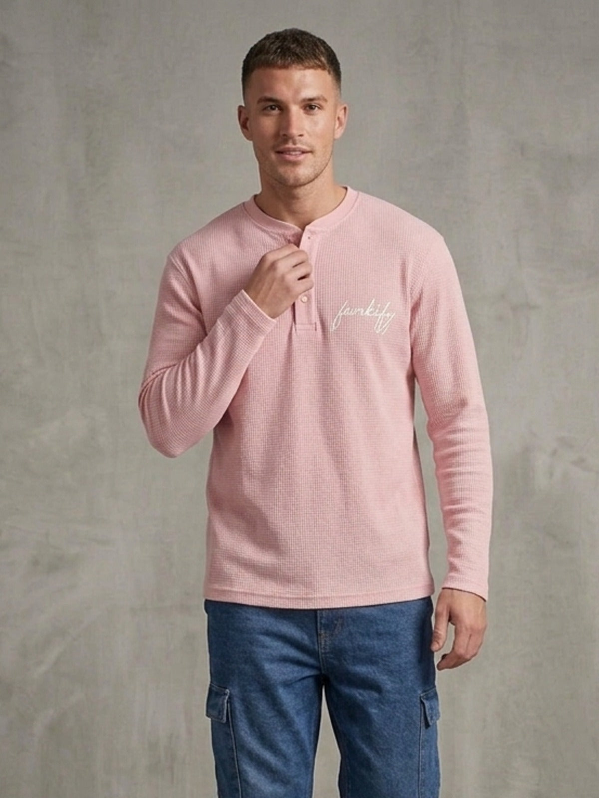 Waffle Knit Round Neck Button Tee
